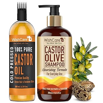 WishCare Premium Cold Pressed Castor Oil - 200Ml & Castor Olive Shampoo - Nourishing Formula - Free from Mineral Oils, Sulphates & Parabens - 300 Ml