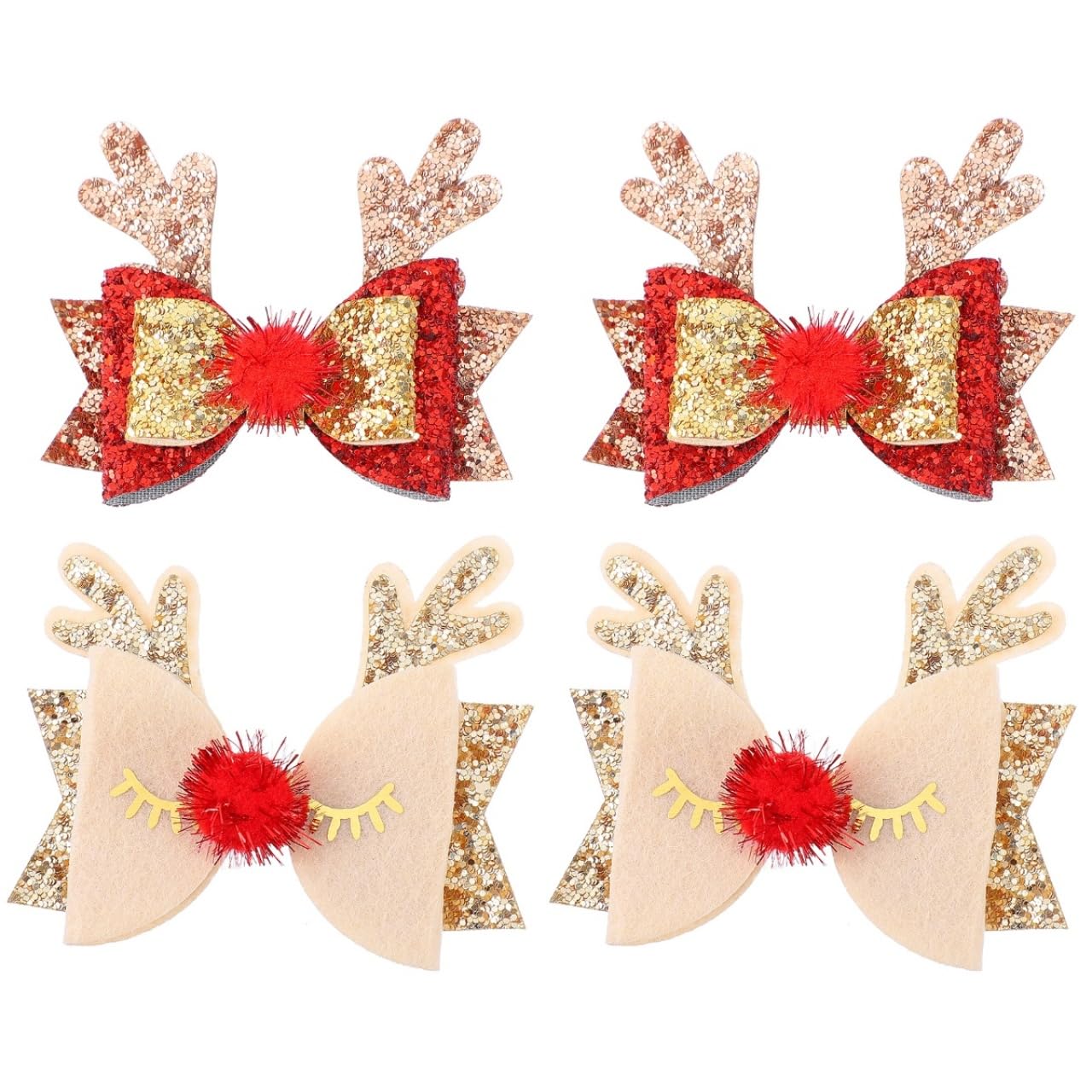 Minkissy 4Pcs Christmas Bows Hairpins - Sequin Elk Antlers Clip Christmas Reindeer Hair Clips Bows Headdress Xmas Hair Accessories for Girls Women