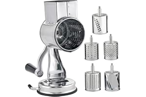 Cheese Grater Rotary Hand Crank Stainless Steel Cheese Grater with 5 Blades & Handle, Even Shredding Suction Base Vegetables 