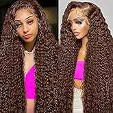 ODVONCE 30 Inch Chocolate Brown Human Hair Wig 13x6 HD Deep Wave Lace Front Wigs Human Hair Glueless Wigs Human Hair Pre Plucked Pre cut 4# Colored Deep Curly Lace Frontal Wigs for Women