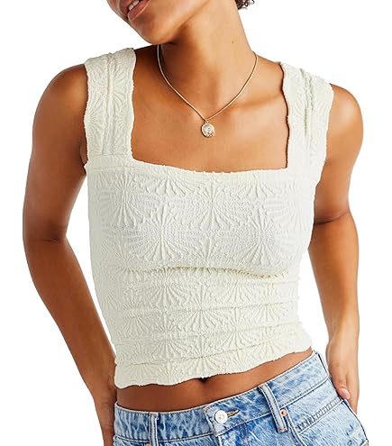 Womens Floral Jacquard Tank Tops Summer Square Neck Straps Crop