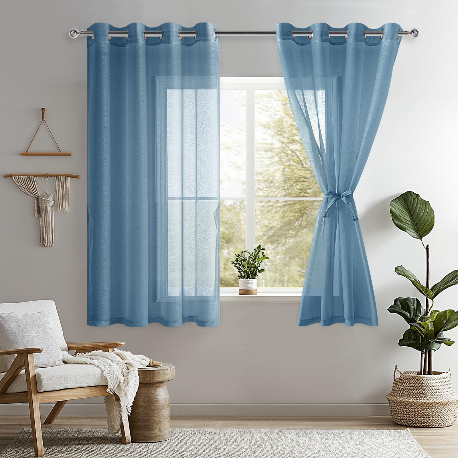 DWCN Blue Sheer Curtains with Tiebacks Semi Transparent Voile Grommet Curtains Elegant Window Curtains for Bedroom and Living Room,2 Panels,W56 x L54