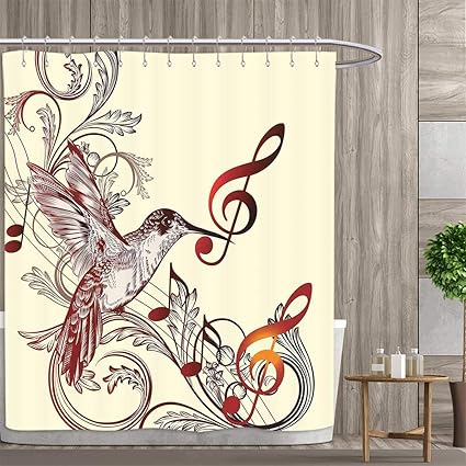 Color Hummingbird Music Notes Shower Curtain Set Bathroom Fabric