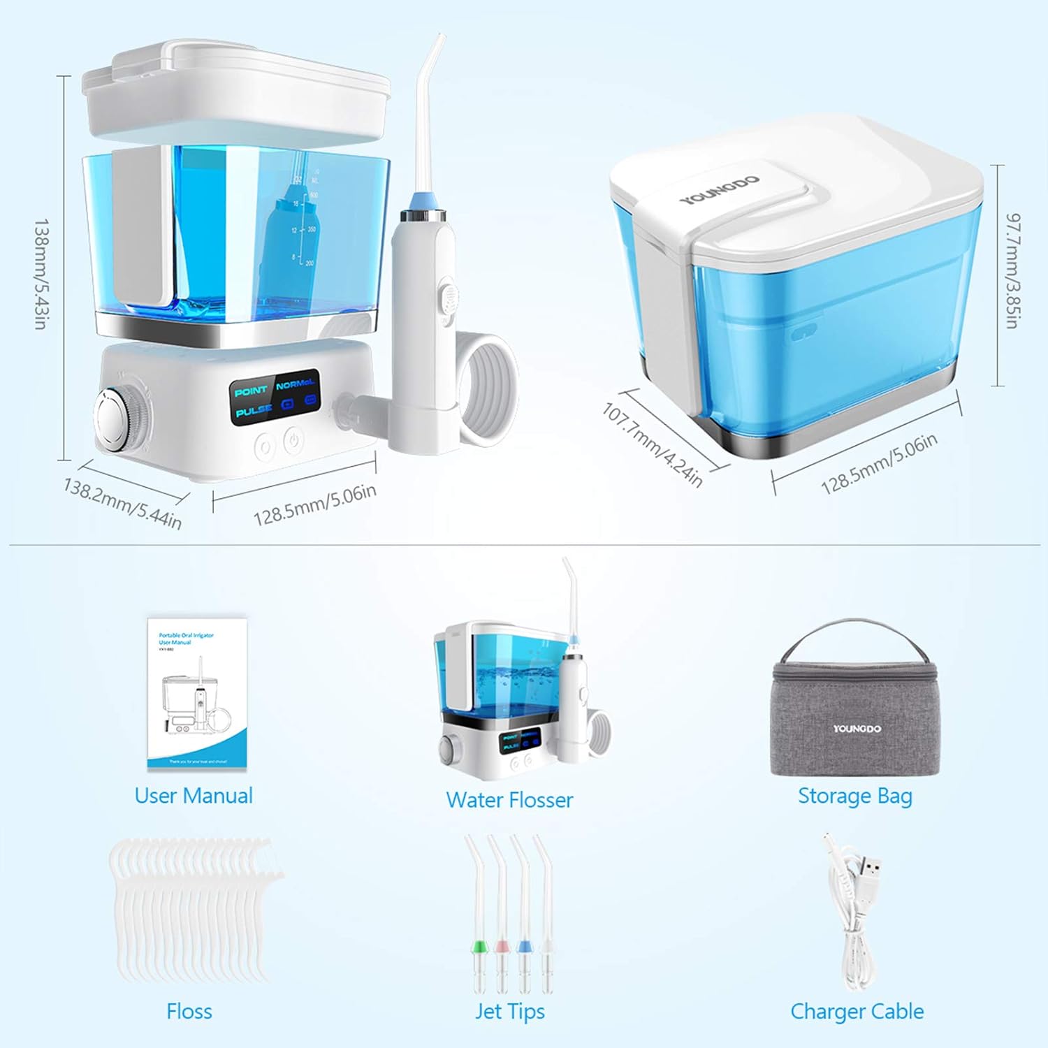 YOUNGDO Upgrade Oral Irrigator Teeth Cleaner Oral Irrigator with 4 Jet Tips, Dental Flosses - 600ML, IPX7 Waterproof, Stepless Adjustment, USB Rechargeable Dental Flossers for Teeth: Beauty