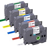 JOJOME 5PK Replacement for Brother P-Touch TZe Tape 12mm 0.47 Inch Multi-Color Laminated for PT-D210 H110 D220 D410 D600 P700 P750W Label Maker, Black on Clear/Red/Blue/Yellow/Green