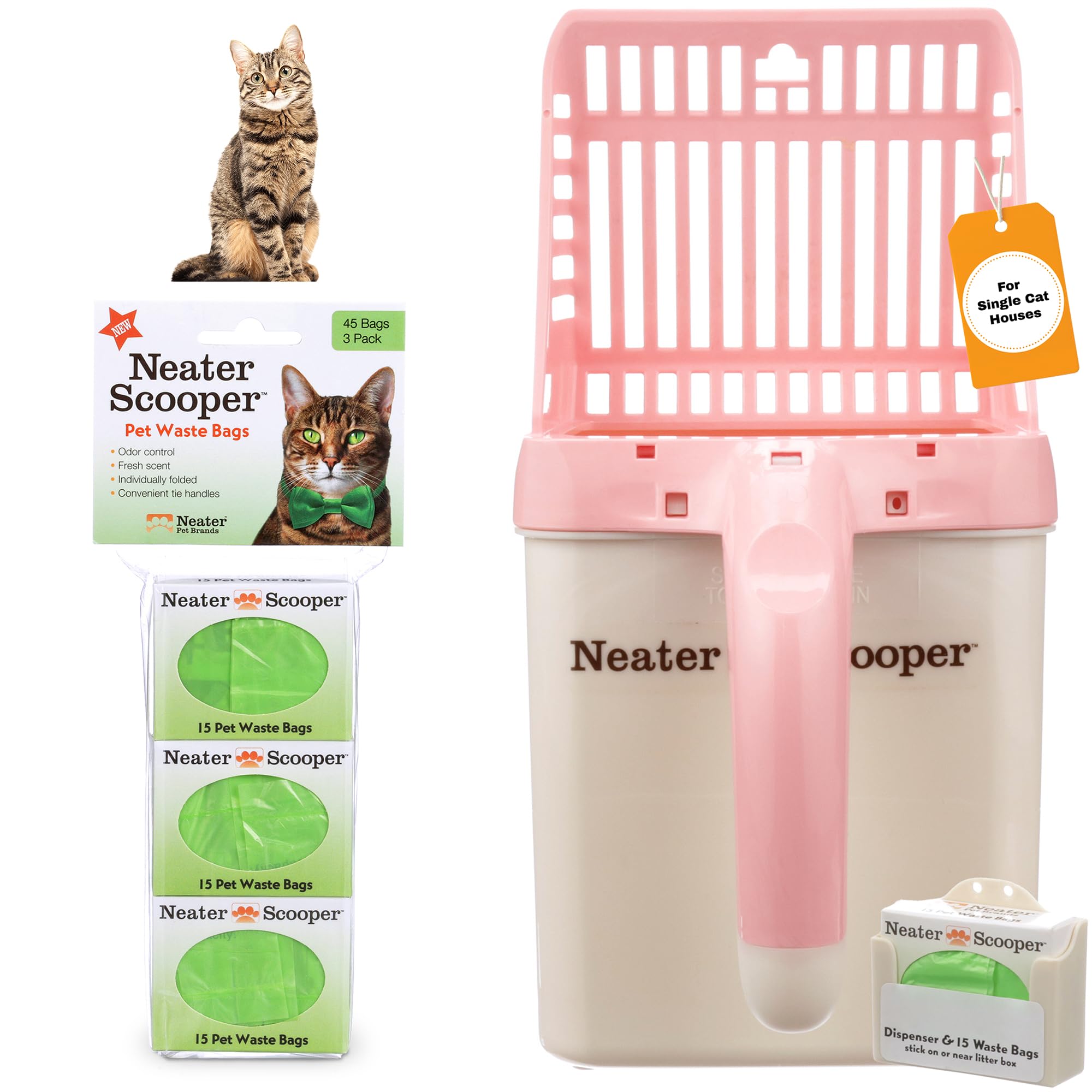 Neater Pet Brands - Neater Scooper Cat Litter Scoop and 60 Count Refill Bag Bundle - Cat Litter Sifter Poop Scoop System with Extra Waste Bags, Pink