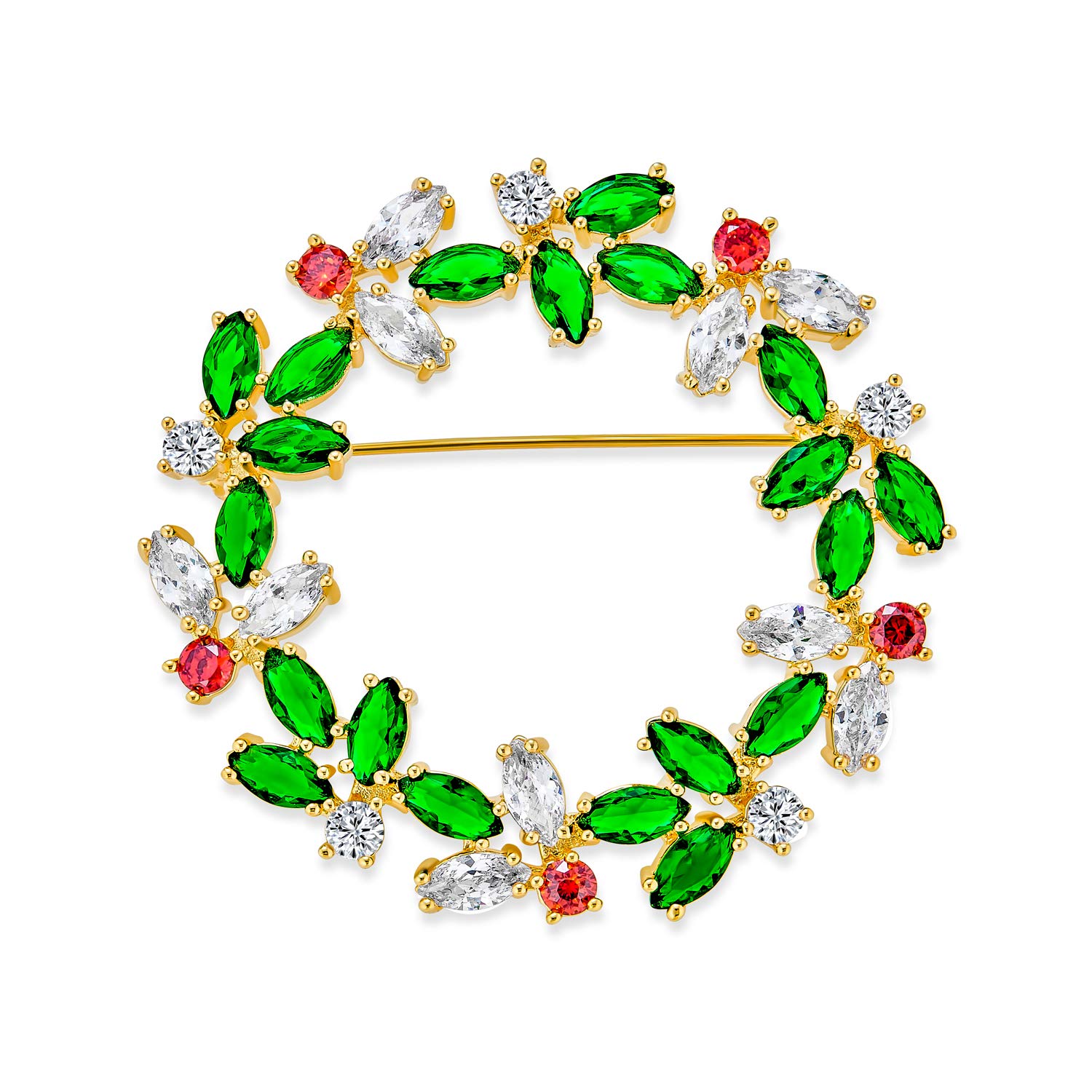 Colorful Marquise Cubic Zirconia CZ Green Red White Round Fashion Christmas Holiday Wreath Brooch Pin For Women Gold Plated