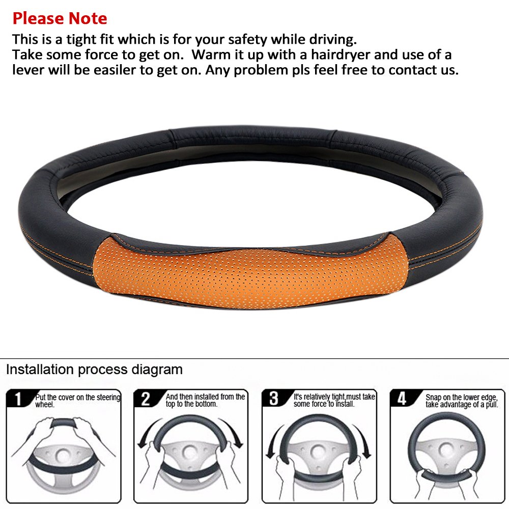 LOCEN Genuine Leather Car Steering Wheel Cover - A STYLE - Black with Brown (Outer Diameter 35CM-36CM)