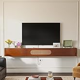 FurniNova Fully Assembled Floating TV Stand Wall Mounted 70'',High Gloss Floating Media Console with 2 Drawers & Rattan Door, Under TV Shelf for Living Room Bedroom Entertainment Center,Walnut