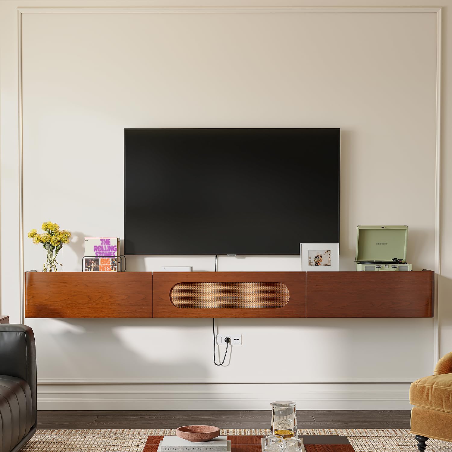 Photo 1 of FurniNova Fully Assembled Floating TV Stand Wall Mounted 94'',High Gloss Floating Media Console with 2 Drawers & Rattan Door, Under TV Shelf for Living Room Bedroom Entertainment Center,Walnut