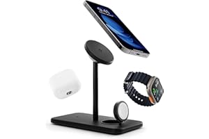 Twelve South HiRise 3 Deluxe, Compact Luxury Wireless Magsafe Charging Stand for iPhone, AirPods and Apple Watch - Includes US Power Supply with 5 Foot Cord, Plus International Plug Adapters, Black