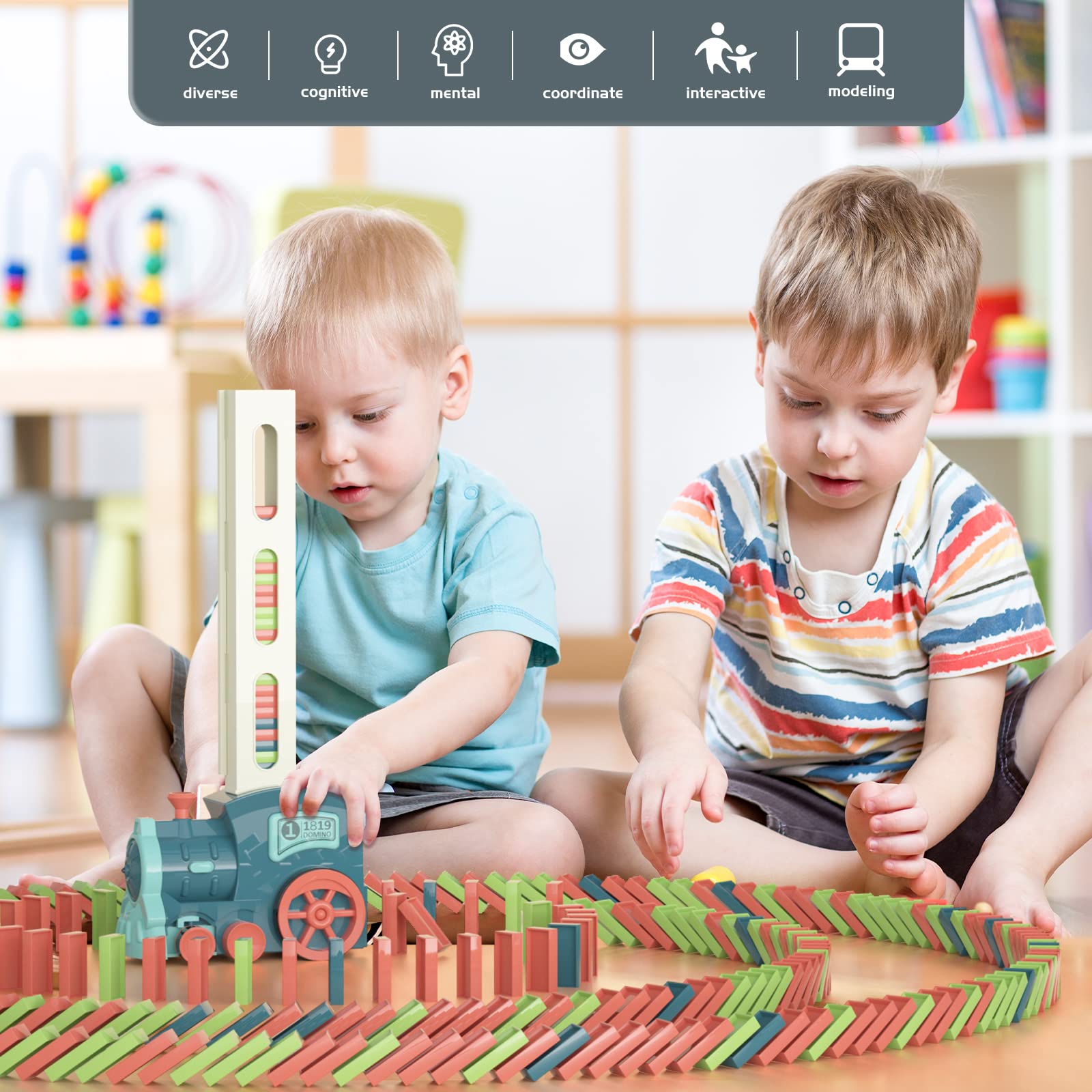 Domino Train Toys Kids Games - Automatic Stacking Creative Game 3+ Year Old - Stem Montessori Toy for Boys 4-6 - Summer Autistic Christmas Birthday Gifts 5 6 Toddler Ages 4-8 180PCS