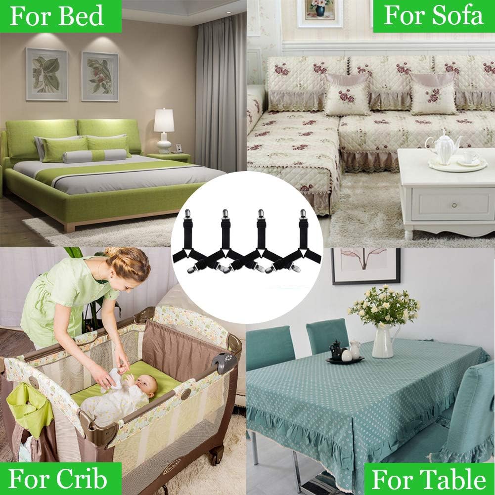 SEEOOR Bed Sheet Holder Straps, Triangle Elastic Mattress Corner Clips, 3 Way Fitted Bed Sheet Fastener Suspenders Grippers Heavy Duty for Bedding Sheets, Mattress Covers, Sofa Cushion (4 Pcs): Home & Kitchen