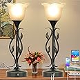 Bedside Lamps Set of 2, Table Lamp with USB Port 3 Way Dimmable Touch lamp Torchiere Nightstand Lamps with Rustic Vines Leaf and Glass Flower Shade lamp for Bedroom, Living Room, Office