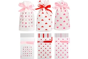 DIYASY Valentine's Day Small Drawstring Candy Gift Bags,36 Pcs Pink Red Heart Plastic Treat Bags for Wedding and Valentine Party Favors