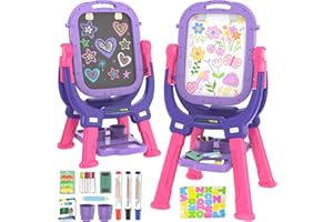 Ylovetoys Easel for Kids, Toddler Art Easel Adjustable Standing, Magnetic Double Sided Easel with Painting Accessories Gift for Boys and Girls (Purple)