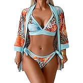 Aidonger Women's Bikini Sets V Neck Three Piece Swimsuit with Mesh Cover Up Cross Back Tie Straps Kimono Bathing Suit