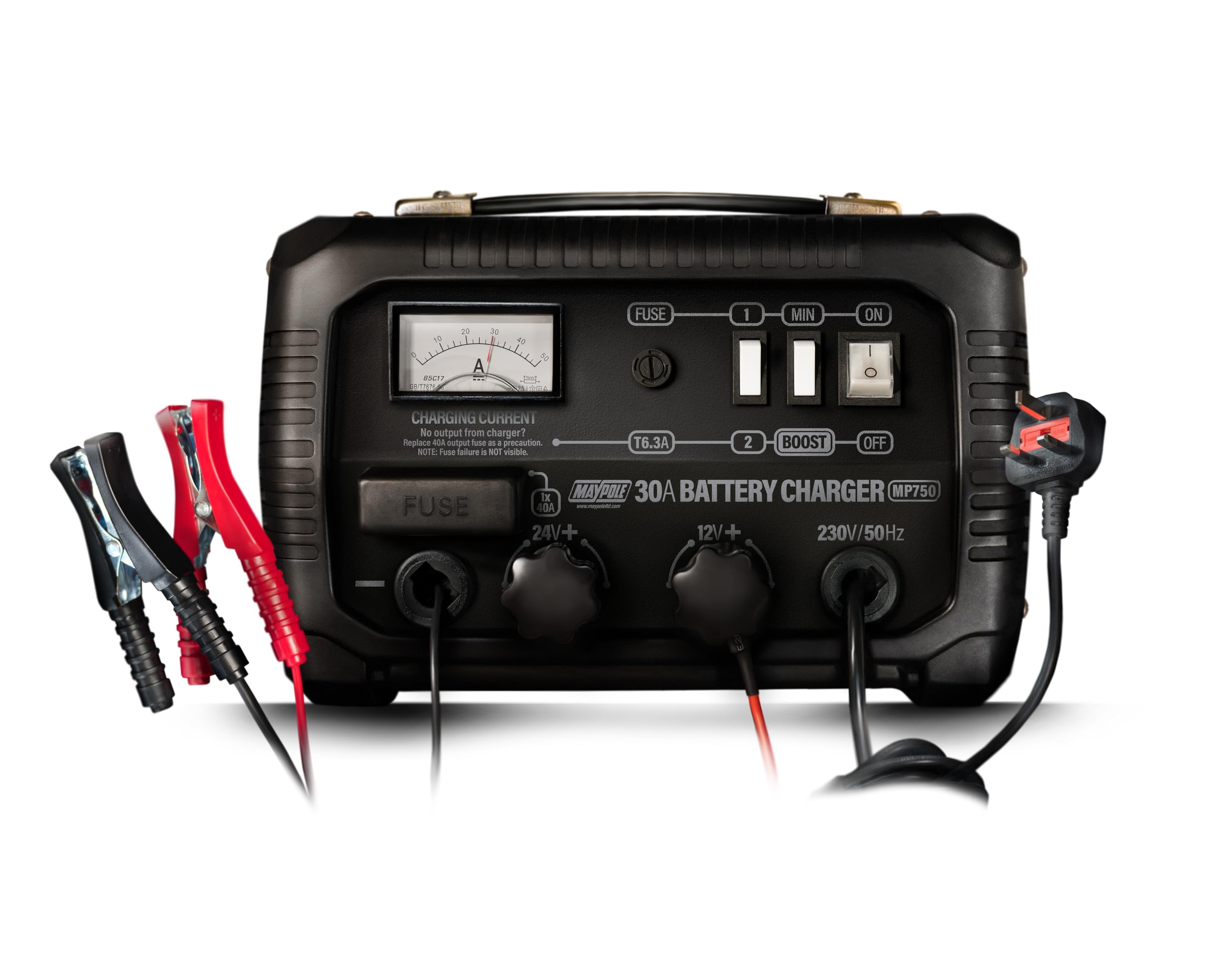 Maypole 30A Dual Voltage 12/24V Metal Cased Car Battery Charger Workshop Use Built in Safety Features Lead Acid AGM Vans Lorries Tractors Boats