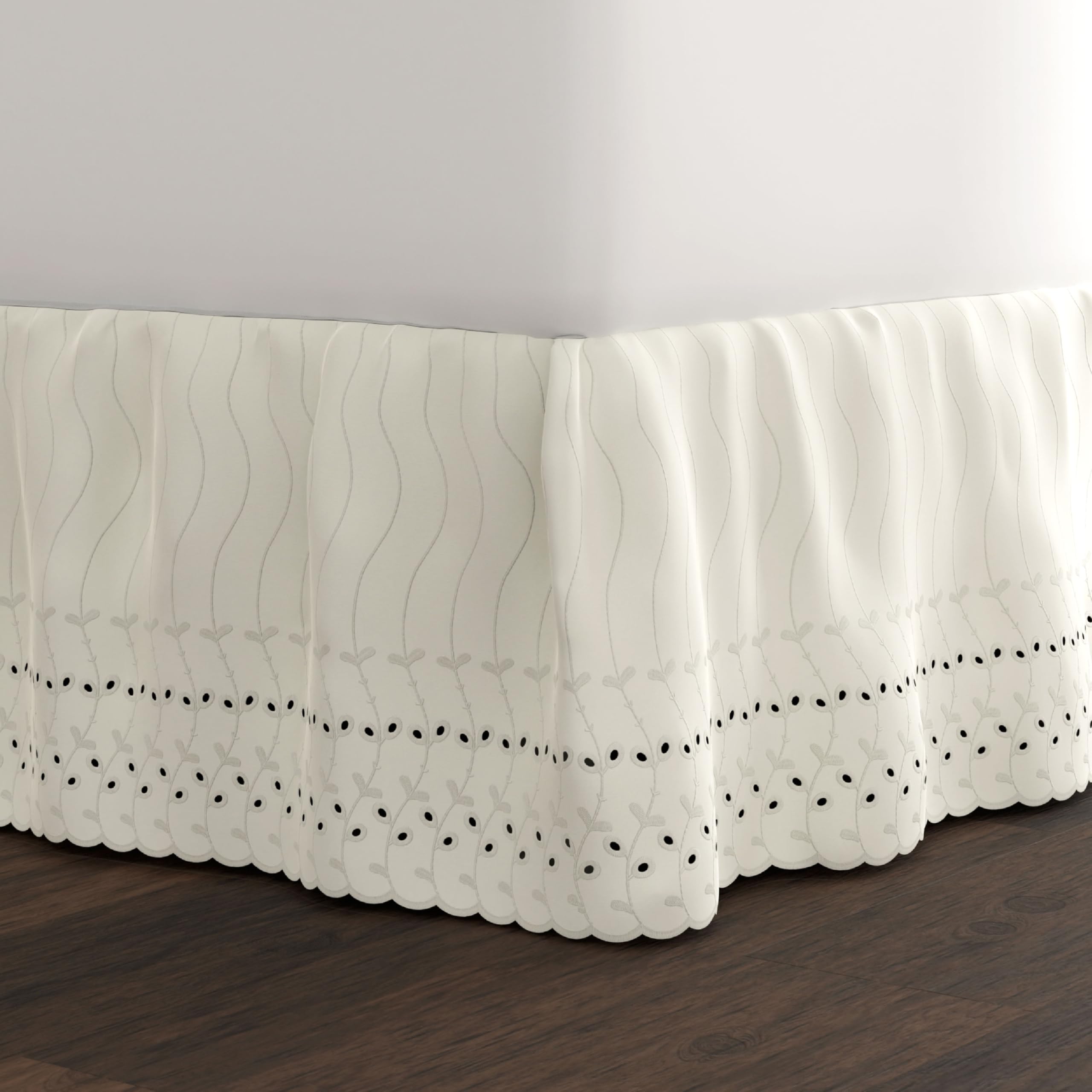Photo 1 of Fresh Ideas Eyelet Bed Skirt, Ruffled Design, 14 Inch Drop, Embroidered Scalloped Edge, Queen, Ivory
