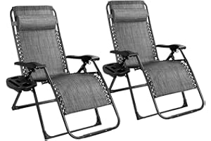 Goplus Zero Gravity Chairs Set of 2, X-Large Outdoor Lounge Lawn Chair with Cup Holder & Detachable Headrest, Adjustable Folding Patio Recliner for Pool Porch Deck Oversize (Gray)