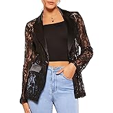 Women's Fashion Floral Lace Blazer Single Button Lapel Neck Sheer Mesh Jacket