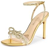 DREAM PAIRS Women's Double Bowknots Crystal Sandals Clear Slingback Heels Square Toe Shoes for Party Wedding