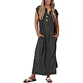 KIRUNDO Womens Summer Dresses 2026 Spring Ribbed Knit Henley Short Sleeve Maxi Dress Button Up Loose Beach Vacation Sundress
