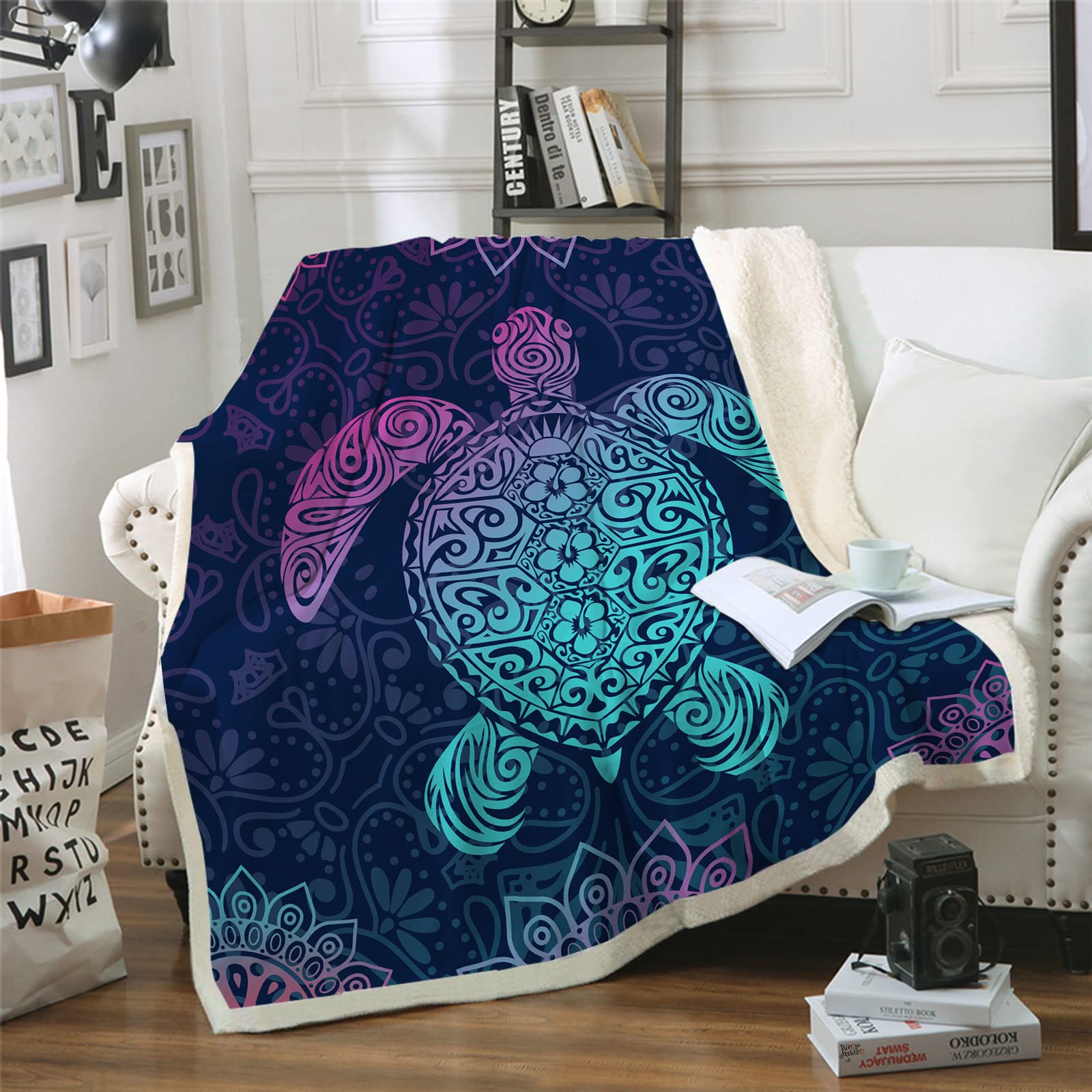 HAVOP Turtle Blankets Throws For Kids Boys Girls And Adults Soft Sherpa Blanket Sea Animal Print Fleece Throw Blanket Pruple and Blue Fuzzy Blanket Gifts for Turtle Lovers 130 x 150 cm