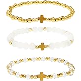 Tyebiva Cross Gold Beaded Stack Bracelets Set for Women, Dainty Handmade White Beads Stackable Stretch Bracelet Everyday Fashion Jewelry Gift.