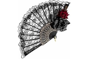 crystalonly Vintage Lolita Victorian Gothic Women Lace Hand Fan Black Red Rose Gothic Fans for Party Halloween