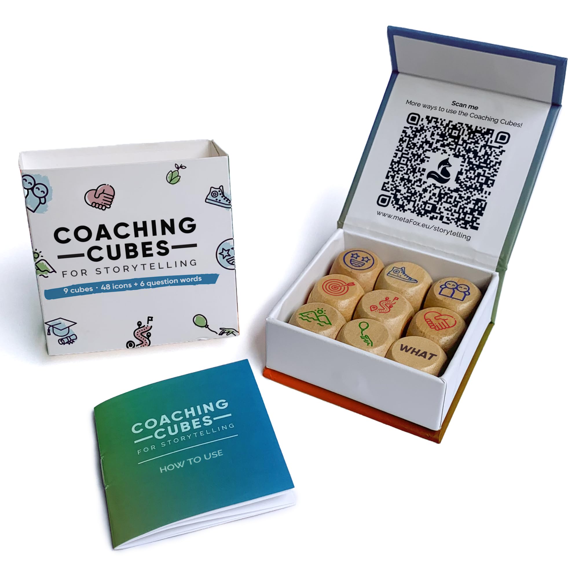 metaFox Coaching Cubes for Storytelling - Engage, Learn and Grow - Mindfulness Dice use as therapy materials, school counselor supplies, learning resources cubes and indoor games for adults and family
