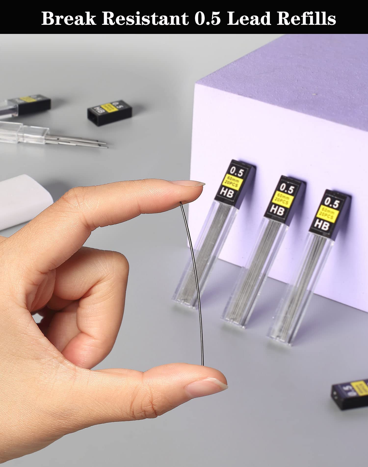 KMEIVOL Bleistiftminen 0,5 mm, 450 Stück 0.5 mm HB bruchfeste Minen für Druckbleistifte and 2 Radierer,Geschmeidig und klar schreiben 2