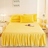 Pom Pom Velvet Bed Skirt, 22 Inch Drop Dust Ruffle Bed Skirt Soft Cozy Wrap Around Fitted Sheet, Fitted Bed Sheet with Skirt,
