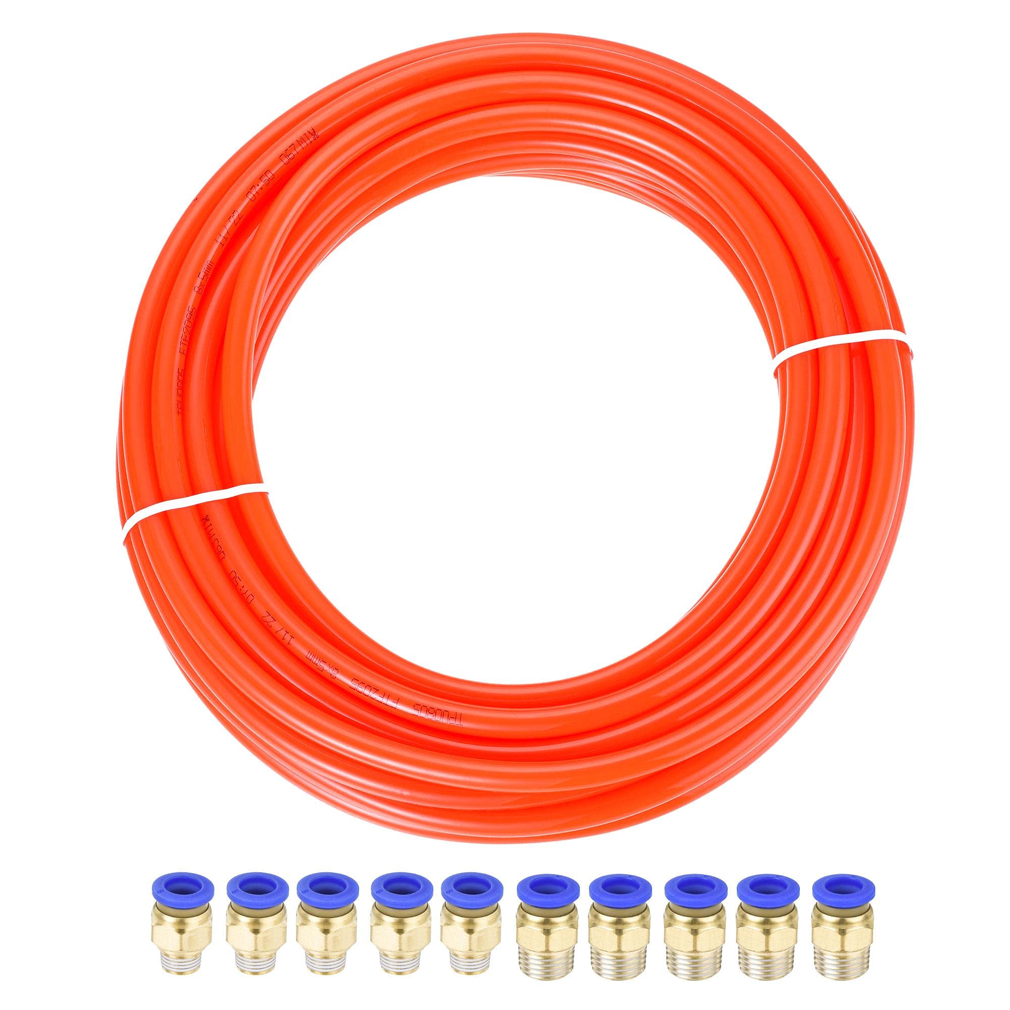 sourcing map Pneumatic 8mm OD Polyurethane PU Air Hose Tubing Kit 10 Meters Orange with 10 Pcs Push to Connect Fittings