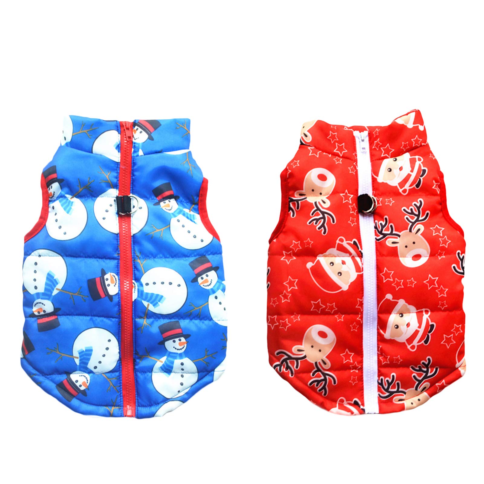 SEIS 2 Pcs Christmas Dog Cotton Wadded Jacket Snowman Pet Coat with Harness Hook Xmas Elk Cats Hoodie Vest Santa Claus Puppy Costume for Cats Small Medium Dogs (XS (Chest Circumference 35cm/13.78"))