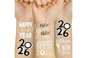 AOYOO 2026 New Years Eve Party Supplies - 40 Designs Glitter Temporary Tattoos, Black/Gold Metallic Tattoos | NYE 2026 Decorations & Photo Booth Props | Happy New Year Party Favors Accessories