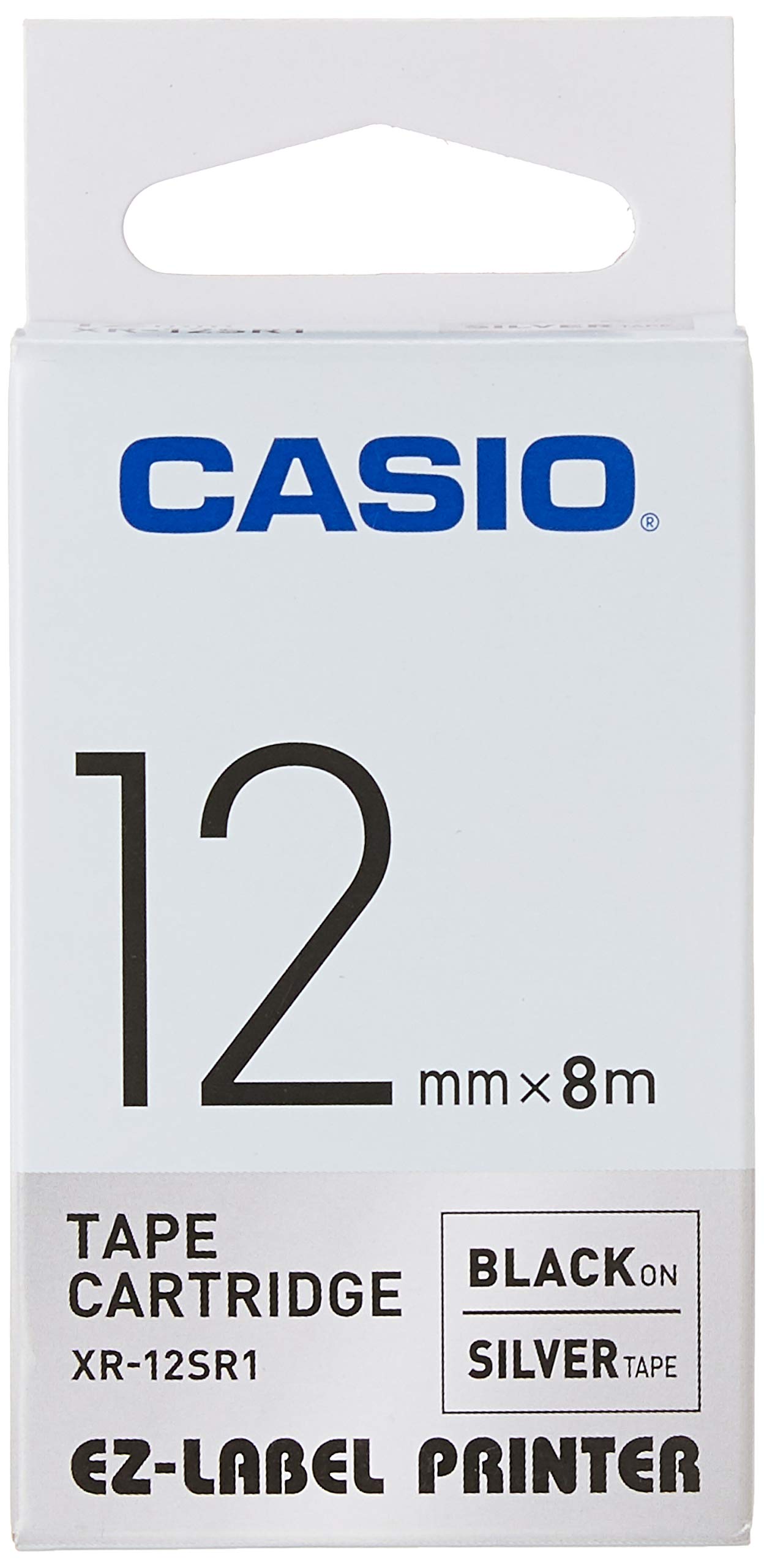 Casio EZ Label Printer XR-12SR1, self-Adhesive Label Tape, 12 mm x 8 m, Black on Silver.