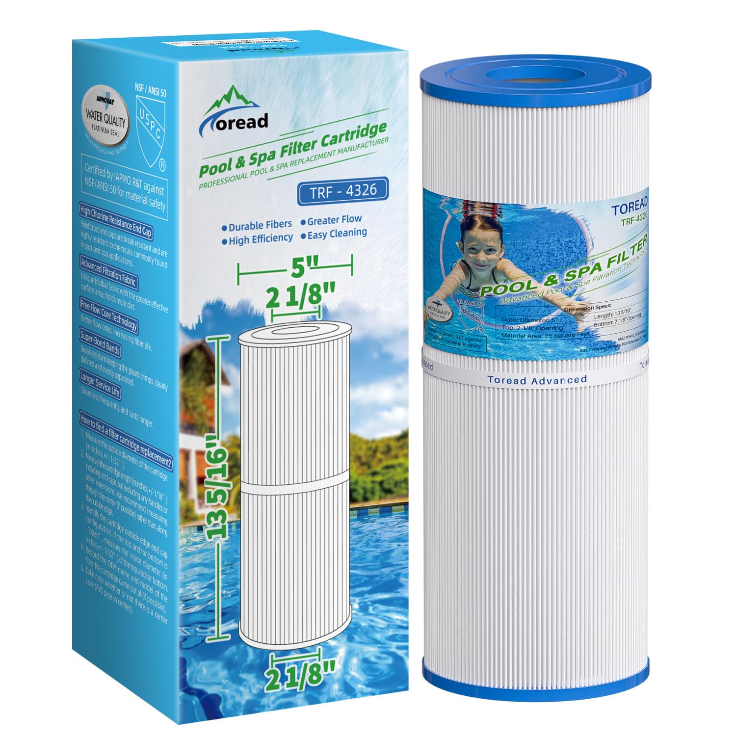 TOREAD Replacement for Spa Filter PRB25-IN, Unicel C-4326, Filbur FC-2375, Pentair R173429, 3005845, 17-2327, 100586, 33521, 25392, 817-2500, Guardian 413-106, 5X13 Drop in Spa Filter, 1 Pack