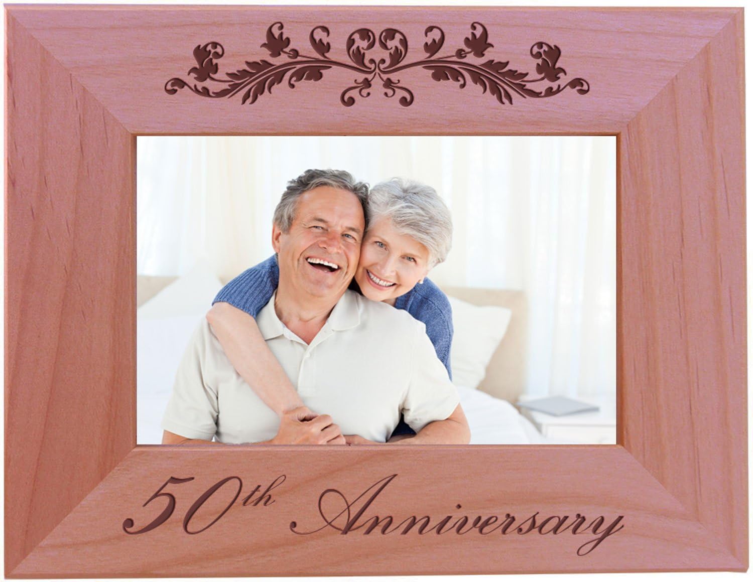 CustomGiftsNow 50th Anniversary - Engraved Natural Alder Wood Tabletop/Hanging Wooden Wedding Picture Frame (4x6-inch Horizontal)