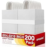 XPCARE 200Pack Paper Bags 8x4.5x10 Inch, Plain Medium Paper Bags with Handles Bulk, Kraft Paper Gift Bag, Retail, Party, Shopping, Favor Bag (White)