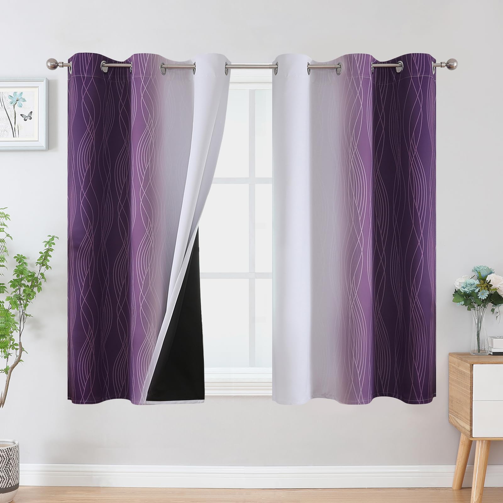 VEHEDE Purple and Greyish White Ombre Blackout Curtains 45 Inch Drop for Kitchen, Thermal Insulated Eyelet Gradient Curtains, Light Blocking Wave Printed Drapes for Bathroom, W42 x L45 Inch, 2 Panels