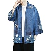 PRIJOUHE Men's Kimono Cardigan Jacket Japanese Style Flying Crane Seven Sleeves Open Front Coat