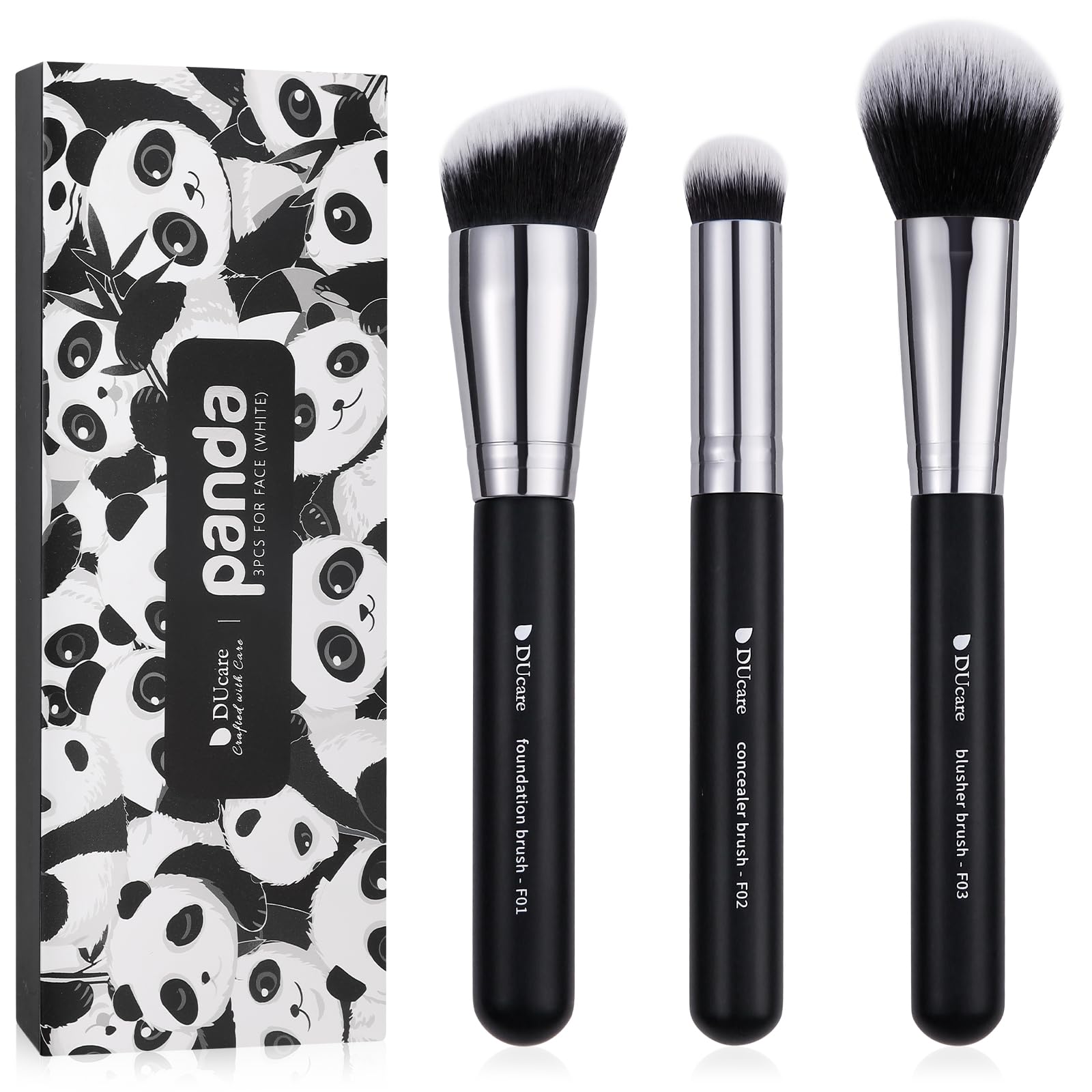 DUcare 3PCS Face Base Makeup Brush Kit - For Foundation, Concealer, Blusher Powder, Works With Liquid, Cream & Powder Products, 100% Vegan Soft Dense Bristles, Travel Essential Makeup Brushes (Black)