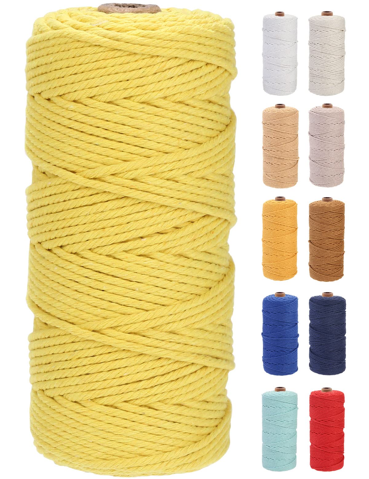 GOHOF Macrame Cord 3mm x 100m Premium Cotton Macrame Rope, 4 Strand Twisted Soft Cotton Cord, One of The Most Perfect Materials for Macrame Art, Cotton String Without Chemicals(Yellow)