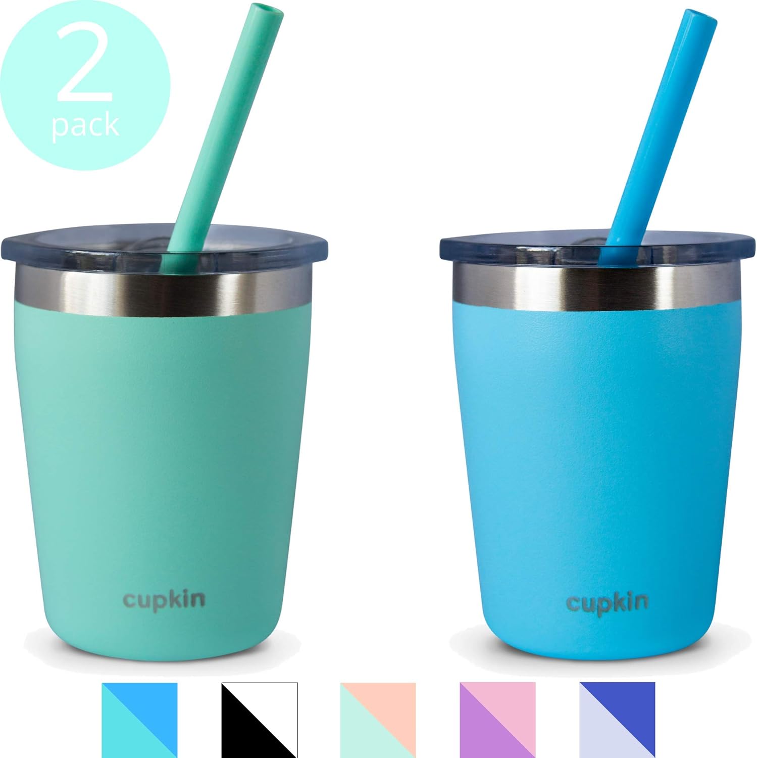 Stackable Stainless Steel Cups for Toddlers & Kids (EASY to Clean) - Set of 2 Powder Coated 8 oz Vacuum Insulated Tumblers, 2 Non BPA Lids and 2 Food Grade Reusable Silicone Straws (Peach + Green): Kitchen & Dining