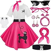 10Pcs Sock Hop Outfits Women, 1950s Poodle Skirts, Poodle T-Shirt with 50s Accessories Socks Scarf Headband Belt Earring