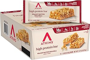 Atkins Peanut Butter Granola High Protein Bar, High Fiber , 16g Protein, 1g Sugar, 4g Net Carb, Keto Friendly, 12 Count
