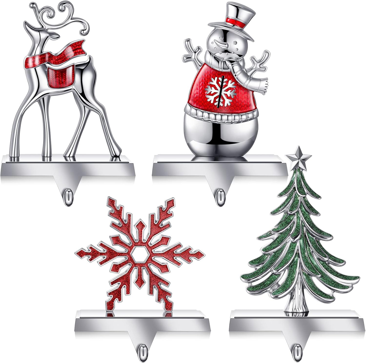 Stockings & Holders - Zhengmy Set of 4 Christmas Stocking Holders for Mantle Reindeer Snowflake Snowman Pine Tree Metal Standing Hook Decorative Holder Stand Silver Stockings Hanger Xmas Fireplace, blue, red, green