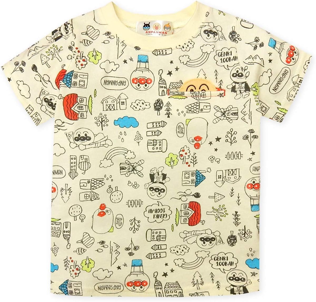 Amazon Co Jp クリーム 90cm 男児 ベビー アンパンマン かくれんぼ 半袖 Tシャツ とびだすモチーフ付き 綿100 アップリケ 手書き風総柄プリント ベビー服 男の子 80cm 90cm 95cm A 2163 メール便対応 服 ファッション小物