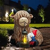 Highland Cow Gnome Solar Statues Decor - Garden Gnomes Statues Highland Cattle Mouth with Lights, Outdoor Ornaments Funny Decoration for Yard, Patio, Unique Gifts Birthday for Women, Mother Day